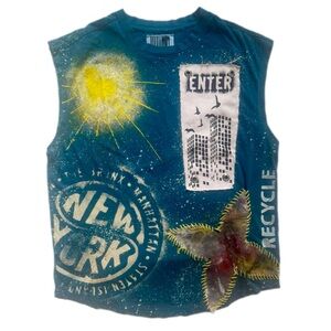 Original Hand-Painted Designer Piece – Sleeveless, Short, Blue & Yellow